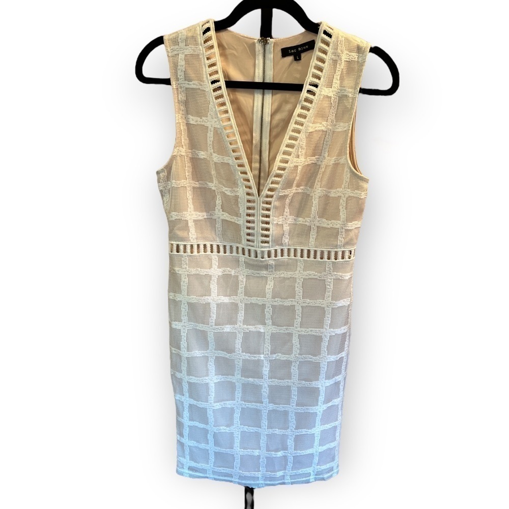 Lac Bleu Sleeveless Deep V Neck 60’s Vibe Cream with Tan Lining Gold Zipper Lrg 